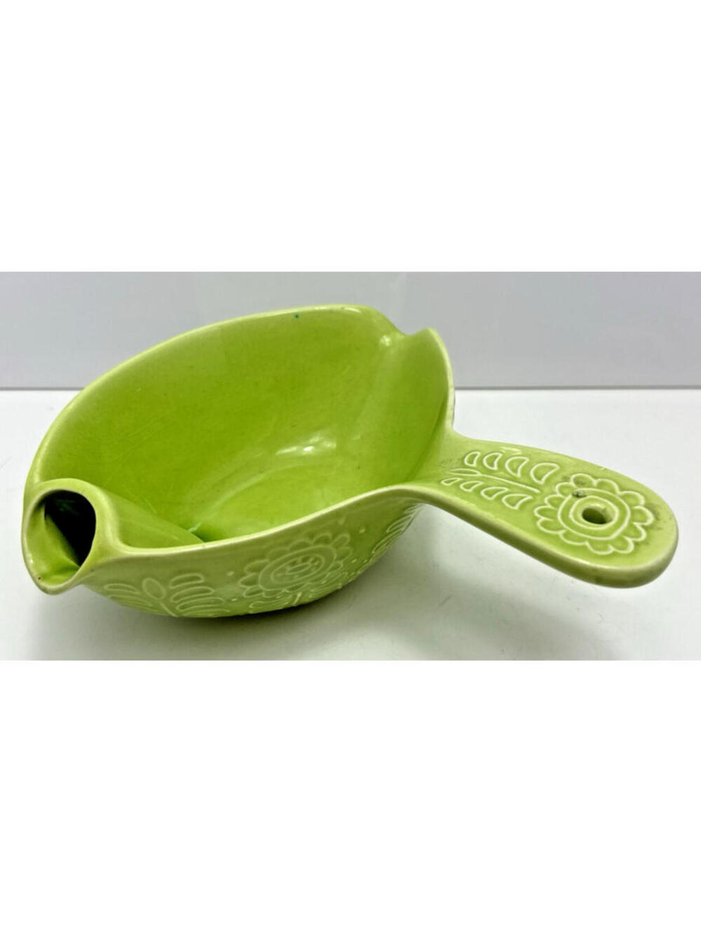 Vtg MCM Lime Green Ceramic Gravy Boat Fat Separator Flower Floral Design Kitsch